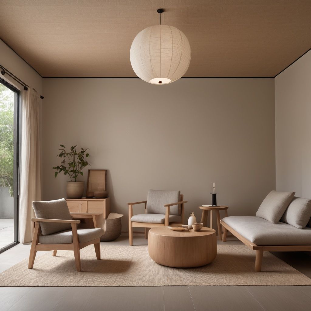 Fotorealistische Konzeptvisualisierung eines Wohnzimmers im Japandi-Stil mit hellem Holz, ruhigen Naturtönen und klaren Linien.