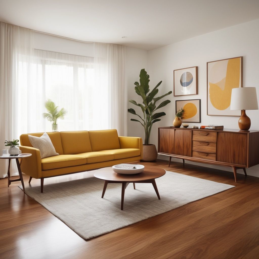 Fotorealistische Konzeptvisualisierung eines Wohnzimmers im Mid-Century-Modern-Stil mit charaktervollen Möbelformen und warmen Farbtönen.